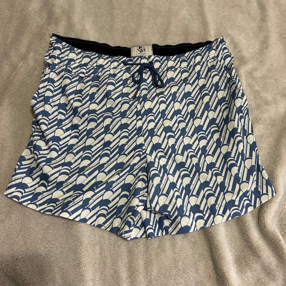 Ted Baker Swim Trunks Mens XL 6" Blue White Geometric Art Deco Print Shorts